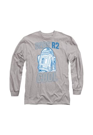 Gray long-sleeve shirt with blue graphic of Star Wars robot R2-D2 and text "DADS R2 COOL" on front.