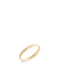 Gold bangle bracelet featuring an intricate cut-out pattern and small embedded crystals. Smooth metal finish, round shape, lightweight design.