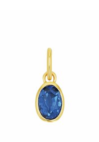 Pendente color oro con una gemma blu ovale, texture sfaccettata e un semplice anello rotondo per il fissaggio.