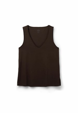 Bezrękawnik ciemnobrązowy z dekoltem w serek i bocznymi rozcięciami, pokazany rozłożony na białym tle.