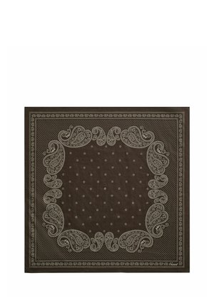 Dunkelbrauner quadratischer Stoff mit hellen Paisley- und Blumenmustern, die auf weißem Hintergrund einen dekorativen Rand und einen zentralen Bereich bilden.