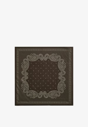 Dunkelbrauner quadratischer Stoff mit hellen Paisley- und Blumenmustern, die auf weißem Hintergrund einen dekorativen Rand und einen zentralen Bereich bilden.