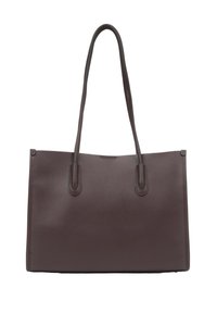 Smeđa kožna torba s dvije duge ručke, pravokutnog oblika, glatke teksture i minimalističkog dizajna, prikladna za svakodnevnu uporabu.