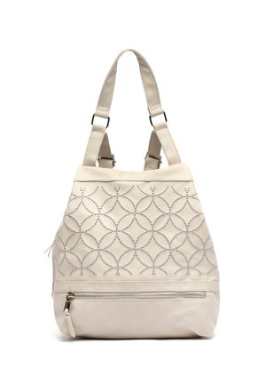 Sac à main couleur crème avec deux anses, présentant un motif circulaire matelassé et une poche avant zippée.