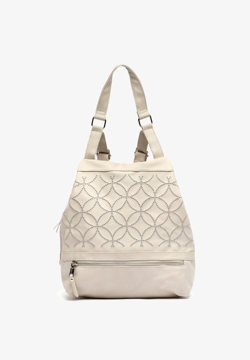 Sac à main couleur crème avec deux anses, présentant un motif circulaire matelassé et une poche avant zippée.