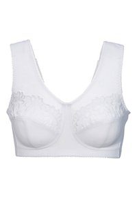 Valkoinen rintaliivi, jossa on leveät olkaimet, kukkakirjontaa kupeissa, sileä pinta ja saumaton muotoilu. Pehmeä kangas mukavuutta varten.