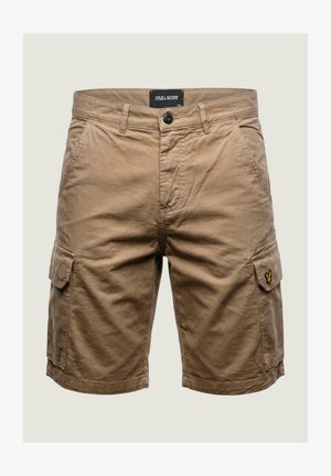 Kaťákové šortky khaki barvy s předním knoflíkem, poutky na pásek, bočními kapsami s klopami a logem Lyle & Scott na pravé kapse.