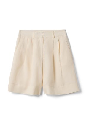 Beige high-waist pleated shorts with belt loops, side pockets, front zipper, and a folded hem, displayed on a white background.