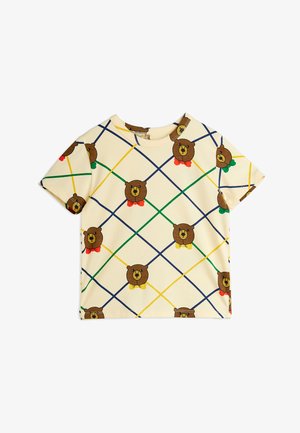 Cămașă de culoare crem, cu mâneci scurte, având un model de rețea format din linii albastre, verzi și galbene, decorată cu fețe de ursuleți de pluș care poartă papioane colorate.