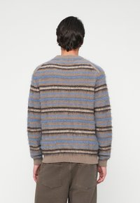 Man facing away wearing a fuzzy striped sweater in beige, blue, and brown tones with brown pants against a plain white background.