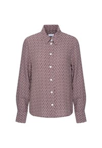 Chemise à manches longues violette et blanche à motifs avec un col montant et un design géométrique.