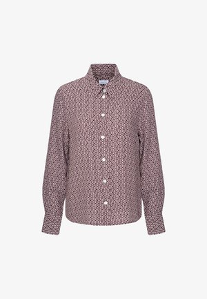 Lange mouw paarse en witte geblokte overhemd met opstaande kraag en geometrisch ontwerp.