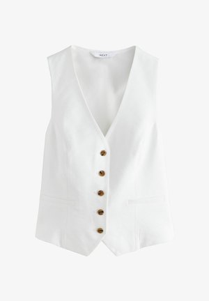 Débardeur blanc sans manches avec un col en V, comportant six boutons marron sur le devant et deux poches latérales. Fabriqué à partir d'un tissu lisse et léger.