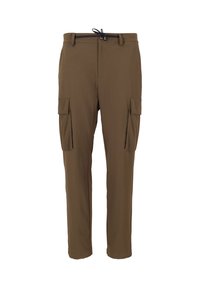 Pantaloni cargo marroni realizzati in materiale leggero, con due grandi tasche laterali, una vita con cordoncino e un design a gamba dritta.