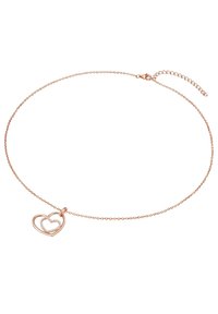 Collana in oro rosa con catena testurizzata e pendente a doppio cuore, arricchita da piccoli gemme trasparenti. Lunghezza regolabile con gancio.