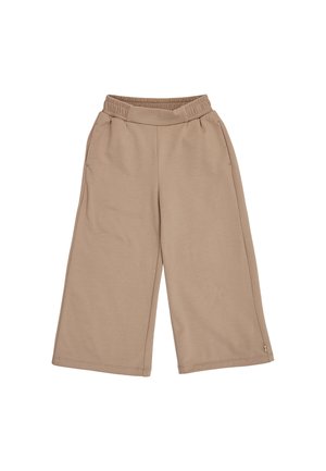 Beige bukser med vidde ben, elastisk talje og sidelommer, lavet af blødt stof, lagt fladt på en hvid baggrund.