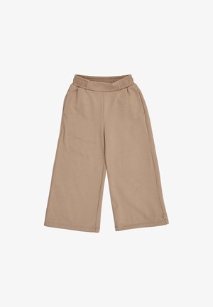 Beige bukser med vidde ben, elastisk talje og sidelommer, lavet af blødt stof, lagt fladt på en hvid baggrund.