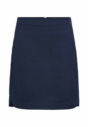 Fustă albastru marin până la genunchi, cu croială dreaptă, fermoar lateral și mici tăieturi laterale în tiv pentru ușurința mișcării.