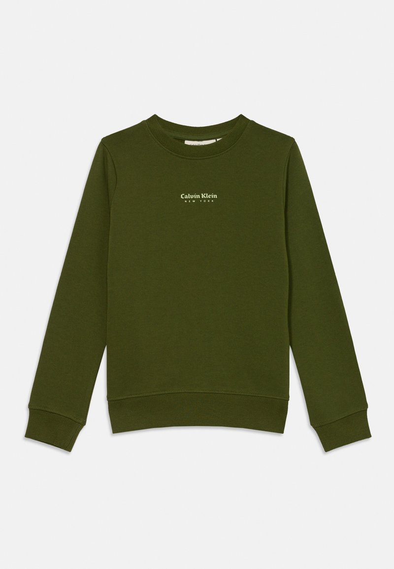Tmavozelený pulóver s okrúhlym výstrihom a dlhými rukávmi, s logom "Calvin Klein New York" umiestneným na hrudi v svetlom písme.