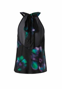 Crni top na halter s vezicom oko vrata, prozirnom stražnjom stranom i velikim cvjetnim uzorkom u ljubičastoj i zelenoj boji sprijeda, napravljen od glatkog materijala.