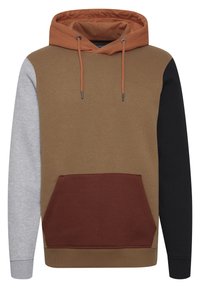 Hooded sweatshirt with a color-block design in brown, grey, black, and dark red. Features a front kangaroo pocket and drawstring hood.