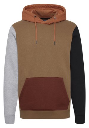 Pulover s kapuco z barvno blokado v rjavi, sivi, črni in temno rdeči barvi. Ima sprednji kenguru žep in kapuco s vrvico.