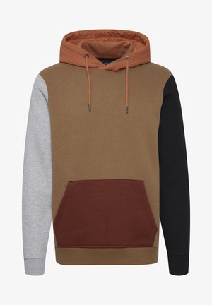 Pulover s kapuco z barvno blokado v rjavi, sivi, črni in temno rdeči barvi. Ima sprednji kenguru žep in kapuco s vrvico.