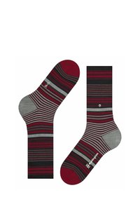Calzini a righe nei colori rosso, grigio e nero. Realizzati in materiale morbido con una soletta imbottita. Presentano un dettaglio del logo sul lato.