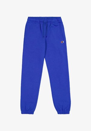 Pantalones de chándal azules hechos de una mezcla de algodón, con una cinturilla elástica y cordones, y puños ajustados, con un pequeño logo en el costado.