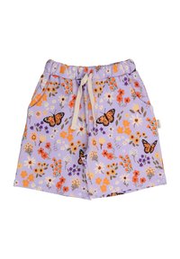 Purple shorts with a floral pattern featuring orange, yellow, and purple flowers and butterflies. Elastic waistband with a drawstring.