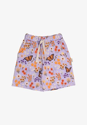 Purple shorts with a floral pattern featuring orange, yellow, and purple flowers and butterflies. Elastic waistband with a drawstring.