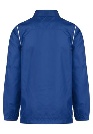 Blauer Windbreaker mit Stehkragen, elastischen Bündchen und weißen Paspelierungen an den Schultern und Seitennähten. Leichtes Material.
