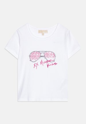 Weißes Baumwoll-T-Shirt mit einem grafischen Aufdruck von rosa Strass-Sonnenbrille und dem Text "XX Michael Kors" in Pink, Rundhalsausschnitt und kurzen Ärmeln.