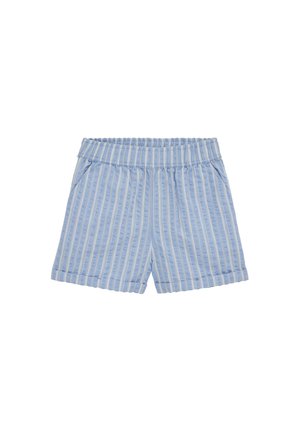 Vaaleansiniset puuvillahousut, joissa valkoiset pystysuorat raidat, joustava vyötärönauha, sivutaskut ja käännetyt lahkeet.