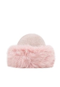 Cappello lavorato a maglia con un morbido bordo in pelliccia artificiale di un rosa pallido. La parte interna è di un beige chiaro, creando contrasto con l'esterno soffice.