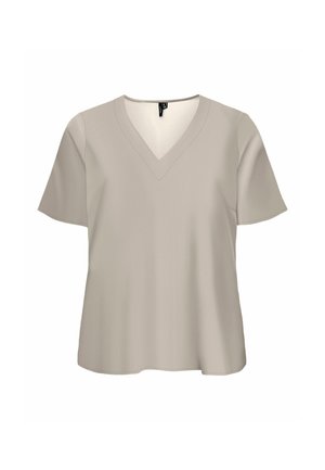 Beżowa koszulka z krótkim rękawem i dekoltem w serek, o luźnym kroju i gładkim materiale, na białym tle.