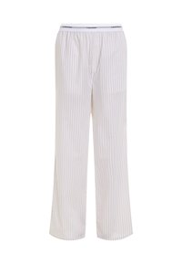 Pantalons de pyjama en coton blanc avec de fines rayures beiges, dotés d'une taille élastique avec un logo. Les pantalons ont une coupe ample et des jambes droites.
