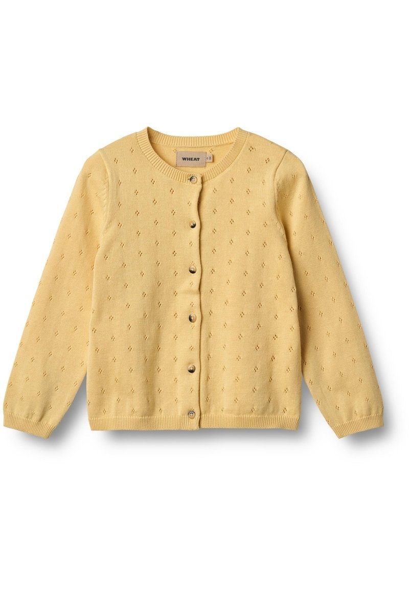 Gelbe gestrickte Strickjacke mit rundem Ausschnitt, langen Ärmeln und einem Muster aus kleinen Rauten. Knopfleiste vorne.