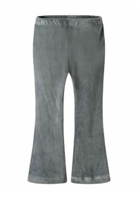 Leggings évasés gris en tissu doux et lisse. Dotés d'une taille élastique et d'une légère brillance, sans motifs ni accessoires visibles.