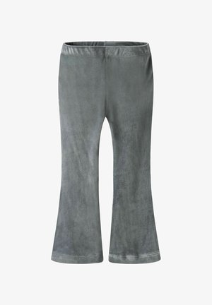 Leggings évasés gris en tissu doux et lisse. Dotés d'une taille élastique et d'une légère brillance, sans motifs ni accessoires visibles.