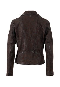 Chaqueta de cuero sintético marrón con estampado de leopardo negro, que cuenta con un cuello clásico, mangas largas y costuras detalladas en la parte posterior.