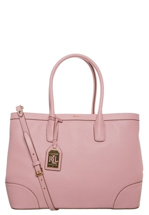 Roze gestructureerde lederen handtas met dubbele handgrepen, afneembare schouderband en goudkleurig "Lauren RL" logo-label aan de voorkant.