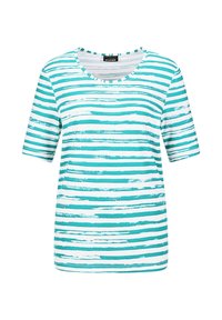 T-shirt met korte mouwen in lila en witte strepen, met een ronde hals en een lichtgewicht, zachte stof.