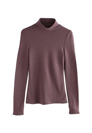 Ribbed turtleneck sweater in mauve, featuring long sleeves, a fitted silhouette, and scalloped hem detailing. Soft texture.