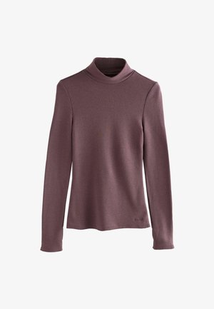 Ribbed turtleneck sweater in mauve, featuring long sleeves, a fitted silhouette, and scalloped hem detailing. Soft texture.