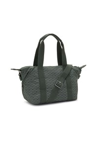 Borsa verde scuro con motivo geometrico, doppi manici e tracolla regolabile. Materiale morbido, chiusura con zip e tasche laterali. Design compatto e pratico.