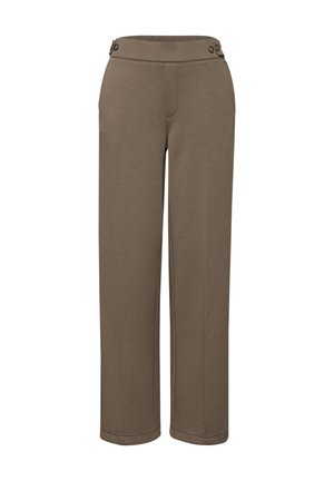 Pantalon marron à jambes droites avec une taille haute ornée de quatre boutons décoratifs, poches latérales et une texture de tissu lisse.