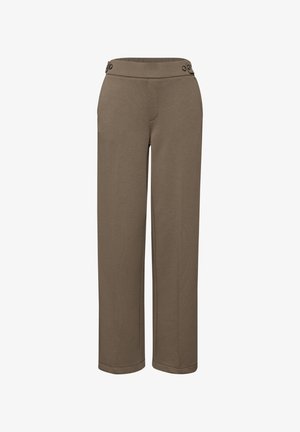 Pantalones marrones de pierna recta con una cintura alta que presenta cuatro botones decorativos, bolsillos laterales y una textura de tela suave.