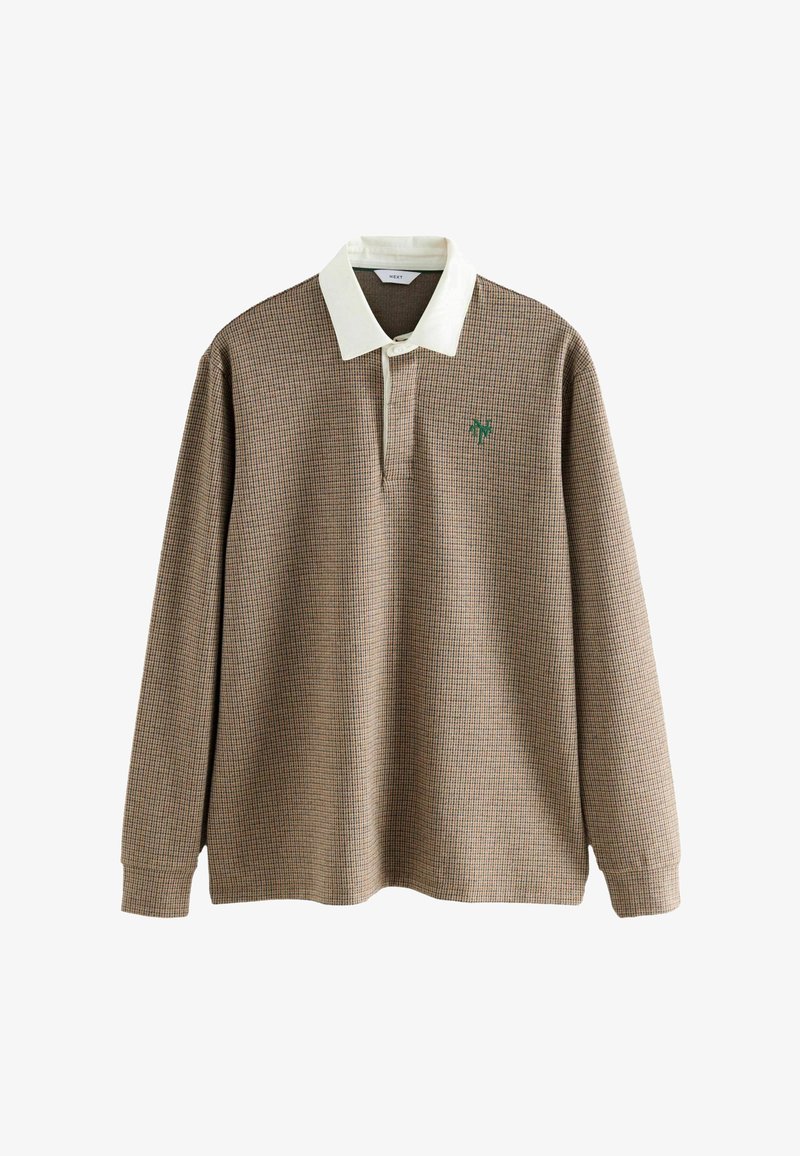 Lange mouw polo shirt in een bruine en crème houndstoothpatroon met een witte kraag en een groen logo op de borst. Zachte stofstructuur.