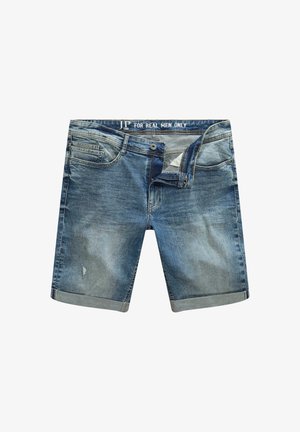 Pantaloni corti in denim azzurro chiaro con un lavaggio sbiadito, dotati di cinque tasche, orli arrotolati e chiusura con bottone. Etichetta "PERVERI UOMINI SOLAMENTE" all'interno.